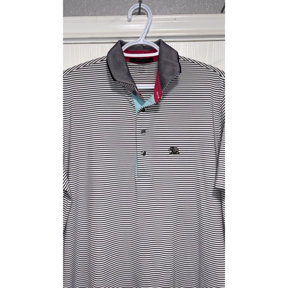 Greyson Mens White Black Striped Short Sleeve Collared Polo Large Elephant